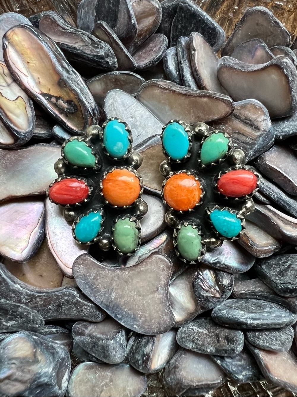 Sterling Silver Kingman Turquoise Spiny Oyster Half Cluster Earrings
